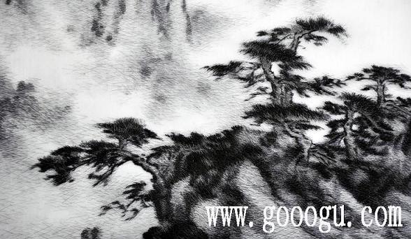 亂針繡精品,風景蘇繡畫,手工刺繡風景畫,黃山云海