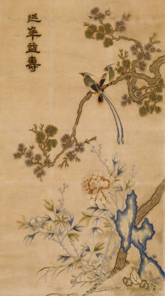 刺繡牡丹綬帶圖（軸），延年益壽，祝壽題材蘇繡，道光年間刺繡，宮廷繡品